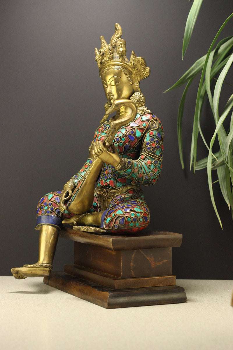 Brass Saraswati Filigiri Stonework