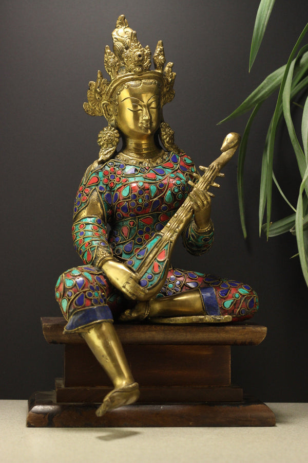 Brass Saraswati Filigiri Stonework