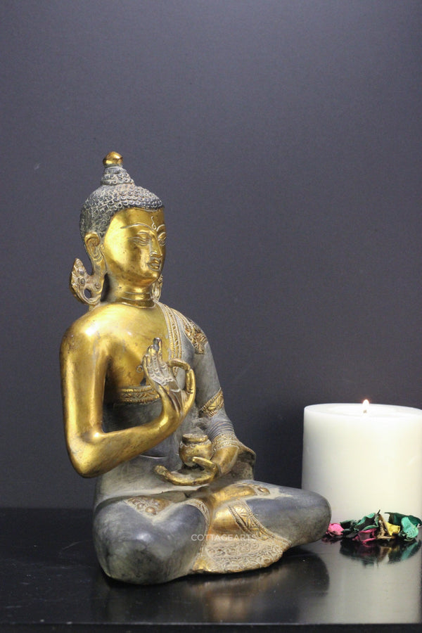 Brass Buddha Statue Antique Gold Finish 9 "