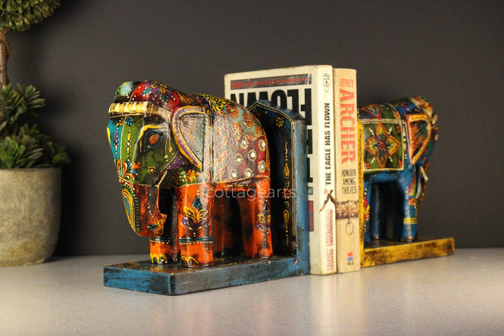 Wooden Book-Ends Painted Elephant